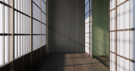 Wabisabi style living interior Green japanese room.
