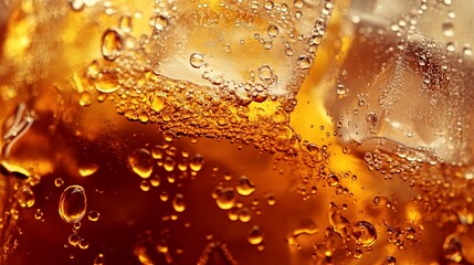 Macro shot of a chilled carbonated drink with ice cubes, capturing the effervescent bubbles and deep amber color. Perfect for summer beverage ads.