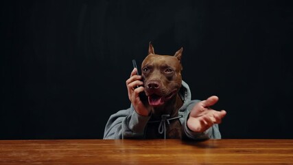 Serious, confident, purebred brown pit bull wearing gray hoodie and talking on mobile phone. Leading business conversation. Concept of business, partnership, communicati8on