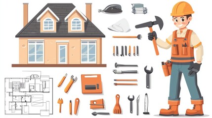 A construction worker with tools and a house blueprint, representing home improvement and building projects.