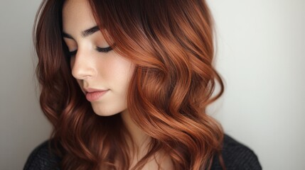 A young woman with beautiful wavy auburn hair looks down thoughtfully, showcasing her natural beauty and serene expression.