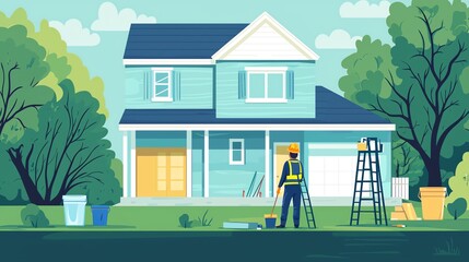 Obraz premium A lively illustration of a house renovation scene with a worker, tools, and greenery, showcasing home improvement and outdoor activity.