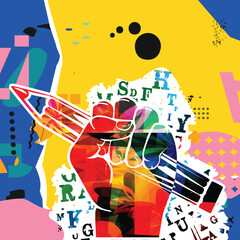 Colorful hand holding pencil for creative writing, idea and inspiration, education and learning concept. Blogging and copywriting vector illustration