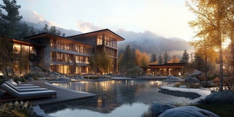 Modern mountain house with pool and deck.