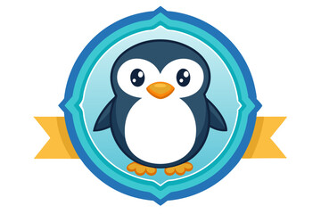Naklejka premium Cartoon Penguin with Blue Oval Frame and Yellow Ribbon