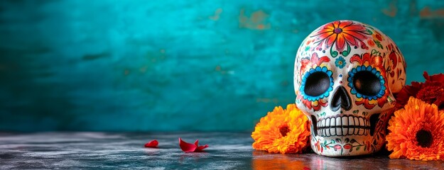 did de los muertos, Day of the Dead, a Mexican celebration honoring the deceased, with a background featuring a sugar skull and marigold flowers on a blue textured backdrop. Space for text.