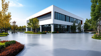 A contemporary office building featuring large windows, surrounded by landscaped greenery, reflecting modern architecture and corporate environments.