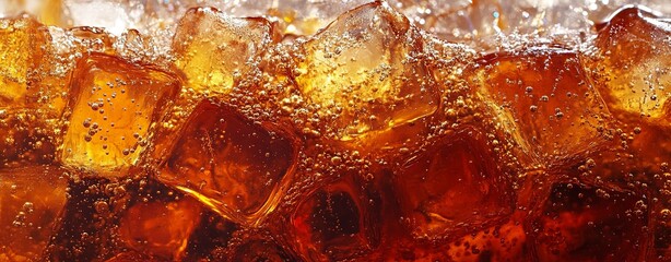 Close-up of sparkling soda with ice cubes, featuring the dynamic bubbles and deep amber tones. Perfect for beverage advertising and drink-related content.