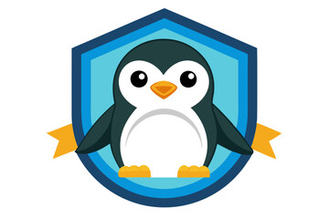 Obraz premium Cartoon Penguin in a Blue Shield with Yellow Ribbons