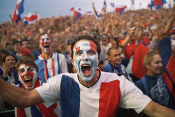 Man With Face Painted in French Flag Colors. Generative AI