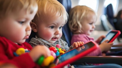Young children play with tablets on an airplane, happily engaged as they enjoy their journey with parents