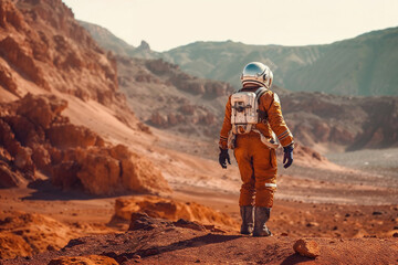 Astronaut exploring a Mars-like rocky landscape. Generative AI image