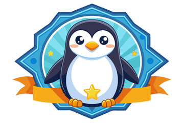 Obraz premium Cartoon Penguin Inside a Blue Star-Shaped Badge with an Orange Ribbon
