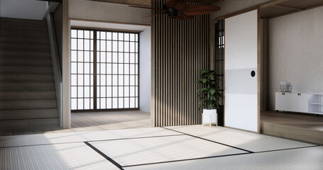 Modern japan room wooden floor and shelf wood on wall design.