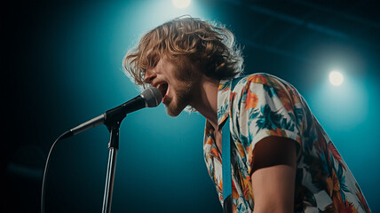 Young male musician in floral shirt performing at live concert event on solo performance under...