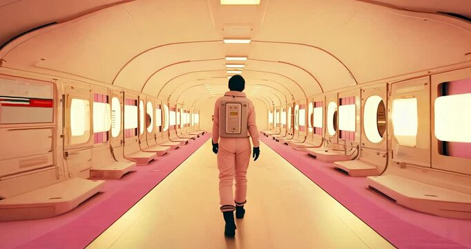 Astronaut walks along a bright corridor. 
