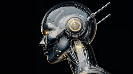Fototapeta premium Futuristic robotic head profile with glowing yellow eye. Generative AI image