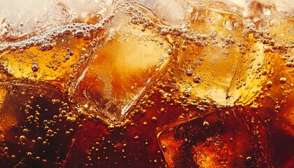 High-resolution macro of a soda with ice cubes, showcasing the effervescent bubbles and deep amber hues. Perfect for summer-themed drink-related content.