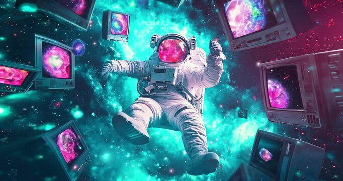 Astronaut in space weightlessness. Surreal collage art.