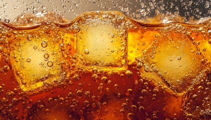 Detailed macro of a fizzy drink with ice cubes, featuring the sparkling bubbles and rich amber tones. Ideal for summer-themed beverage promotions.