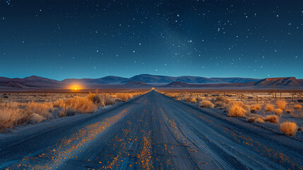Fototapeta premium Long exposure of a deserted desert road at night with a car's headlights illuminating the path. Made with generative ai 