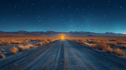 Long exposure of a deserted desert road at night with a car's headlights illuminating the path. Made with generative ai
