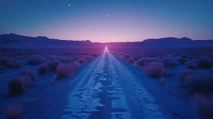 Long exposure of a deserted desert road at night with a car's headlights illuminating the path. Made with generative ai

