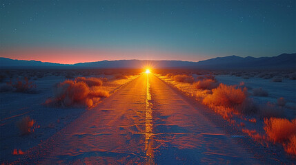 Long exposure of a deserted desert road at night with a car's headlights illuminating the path. Made with generative ai
