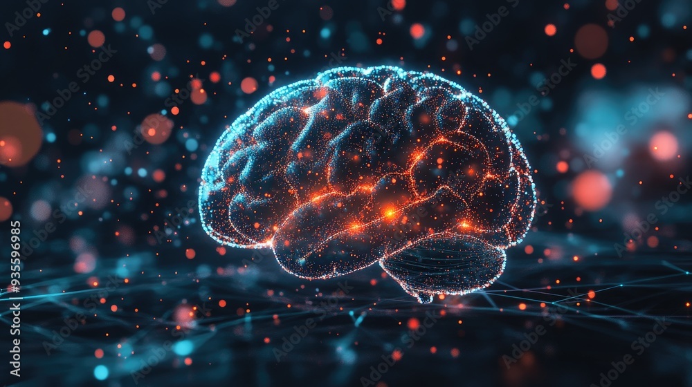 Fototapete a brain rendered in digital particles and light paths, representing ai and machine learning, with ro
