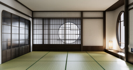 Modern japan room wooden floor and shelf wood on wall design.