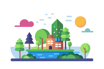 Flat Design Illustration of a Green and Sustainable City Island