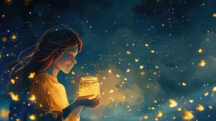 Young girl holding jar of illuminated fireflies