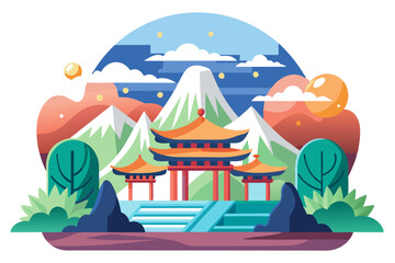 Naklejka premium Traditional Chinese Pagoda Surrounded by Mountains and Greenery