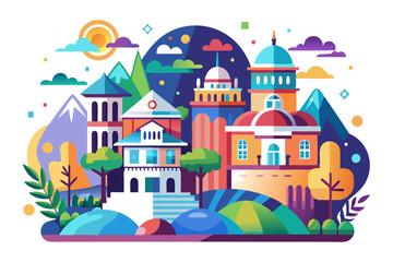 Colorful Cityscape with Buildings, Mountains, and Trees