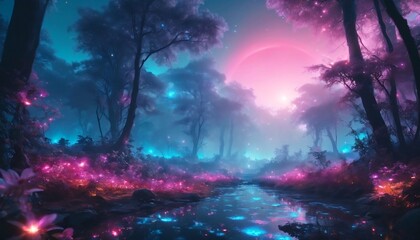 Obraz premium Colorful bioluminescence plants in forest, crystals and glowing path, fireflies, Pandora planet at night, blue and pink glow, epic landscape in background, hazy planet in the sky.