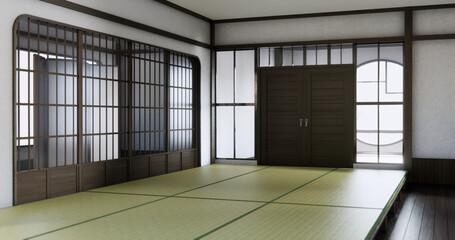 Modern japan room wooden floor and shelf wood on wall design.