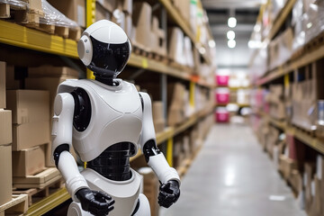 Autonomous robot navigating warehouse aisles. Generative AI image