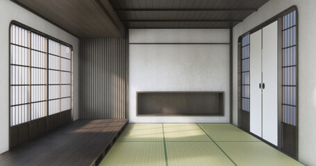 Modern japan room wooden floor and shelf wood on wall design.