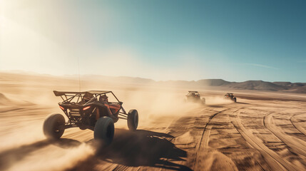 Dune buggies racing in the desert at sunset. Generative AI image