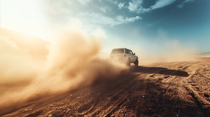Off-road vehicle kicking up dust in a desert at sunset. Generative AI image