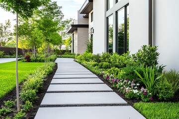 Fototapeta premium A tranquil garden path featuring modern landscaping, vibrant flowers, and lush greenery, perfect for outdoor serenity.