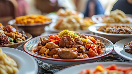A traditional Islamic meal in a halal kitchen, emphasizing religious dietary restrictions and halal food practices, focusing on Islamic food culture and halal compliance. copy space for text.