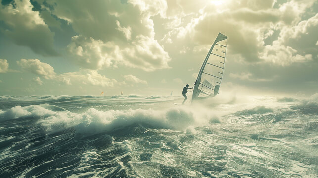 A windsurfer rides the waves under a cloudy sky, creating an exciting atmosphere of adventure and extreme sports