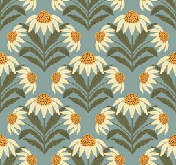 Retro daisy ogee. Rustic floral pattern in deep pastel colours