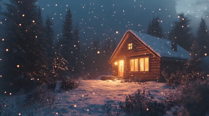 19. A cozy winter cabin with snowflakes falling and a warm glow from the windows