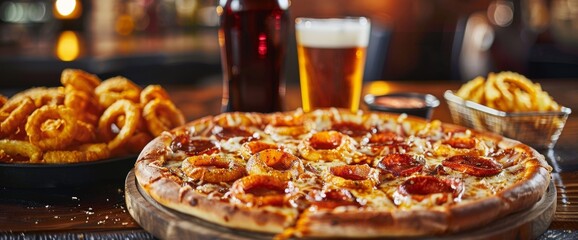 Delicious pepperoni pizza with onion rings and beer served in a cozy restaurant setting during evening hours. Wide web banner.