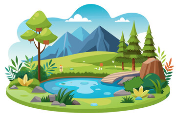 Fototapeta premium Tranquil Mountain Lake with Bridge and Lush Foliage