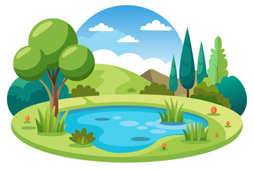 Obraz premium Cartoon Landscape with Pond and Trees