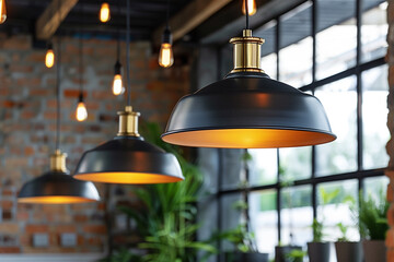 Elegant pendant lights in modern industrial interior. Generative AI image