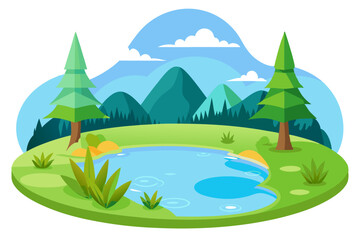 Obraz premium A Cartoon Illustration of a Forest Pond Surrounded by Lush Green Grass and Tall Trees, with a Mountain Range in the Background